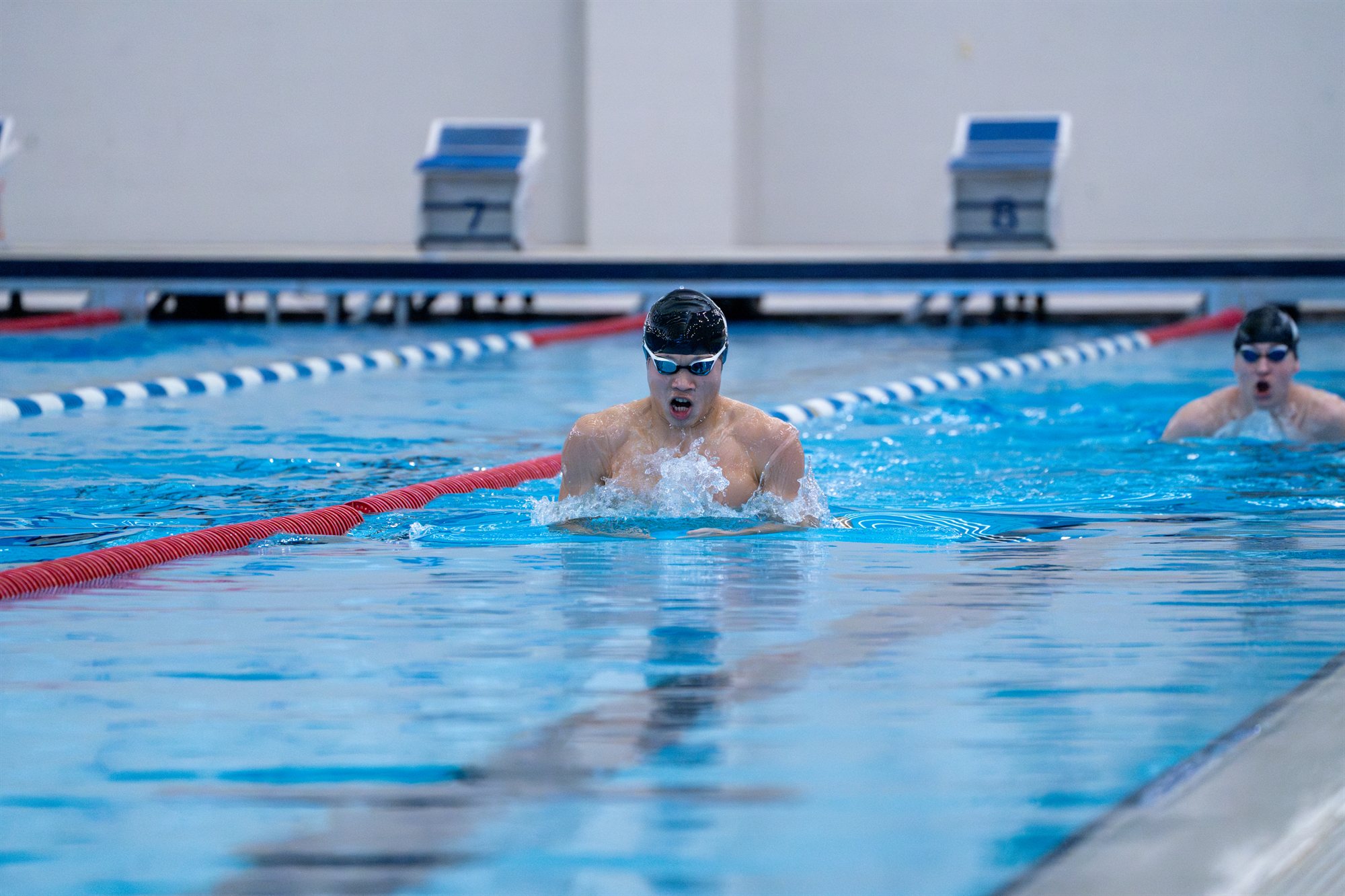Breaststroke training between lane ropes in a swimming pool.
