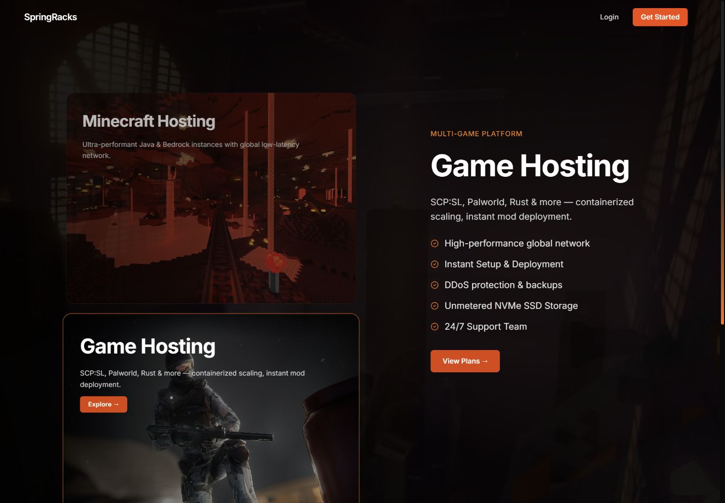 Live SpringRacks homepage with Game Hosting selected, captured on 16 October 2026.