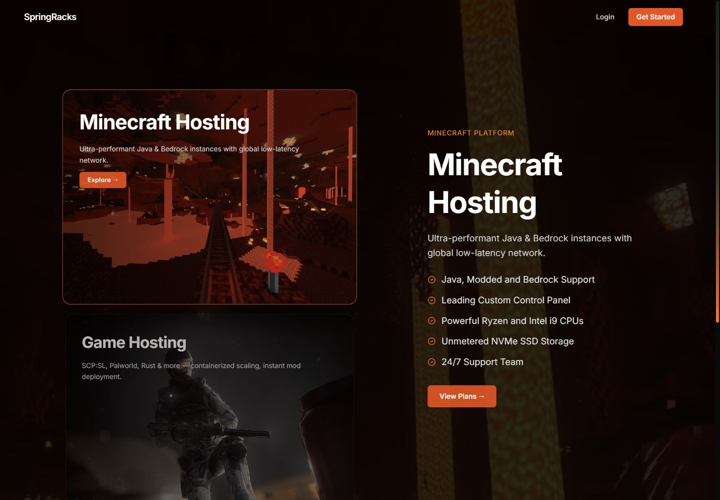 Live SpringRacks homepage with Minecraft Hosting selected, captured on 16 October 2026.